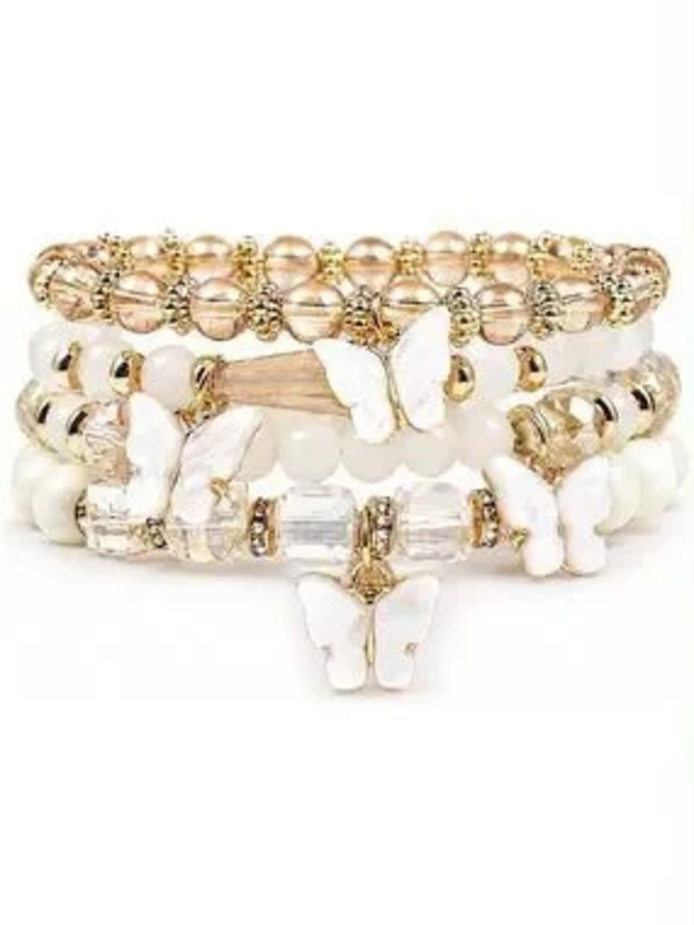 Anthropologie White and Gold Tone Butterfly Beaded Bracelet Stack